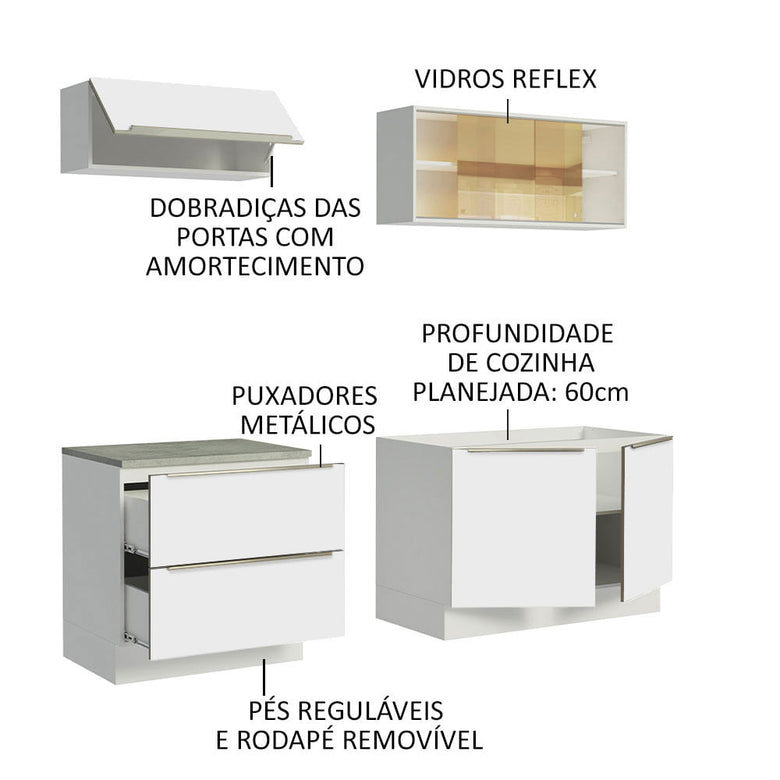 Armário de Cozinha Compacta 200cm Branco Branco Veludo Lux Madesa 01