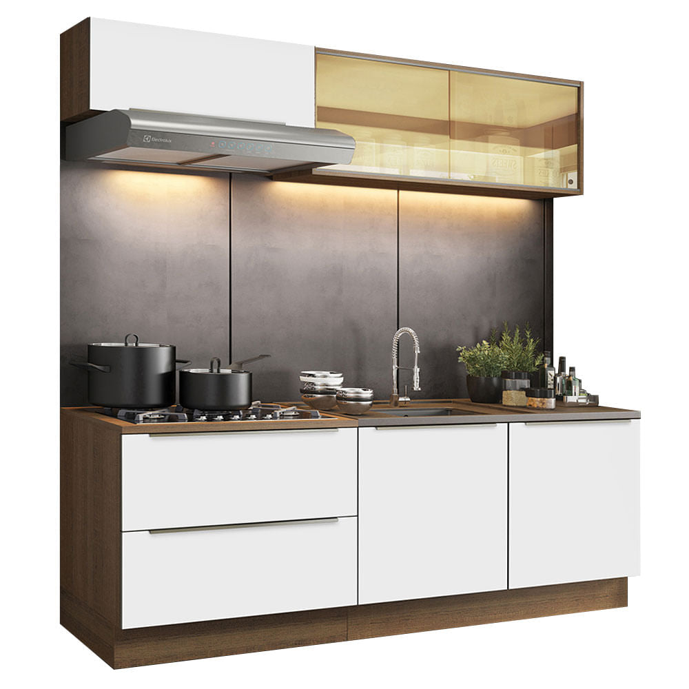 Armário de Cozinha Compacta 200cm Rustic Branco Veludo Lux Madesa 01 - Rustic/Branco Veludo
