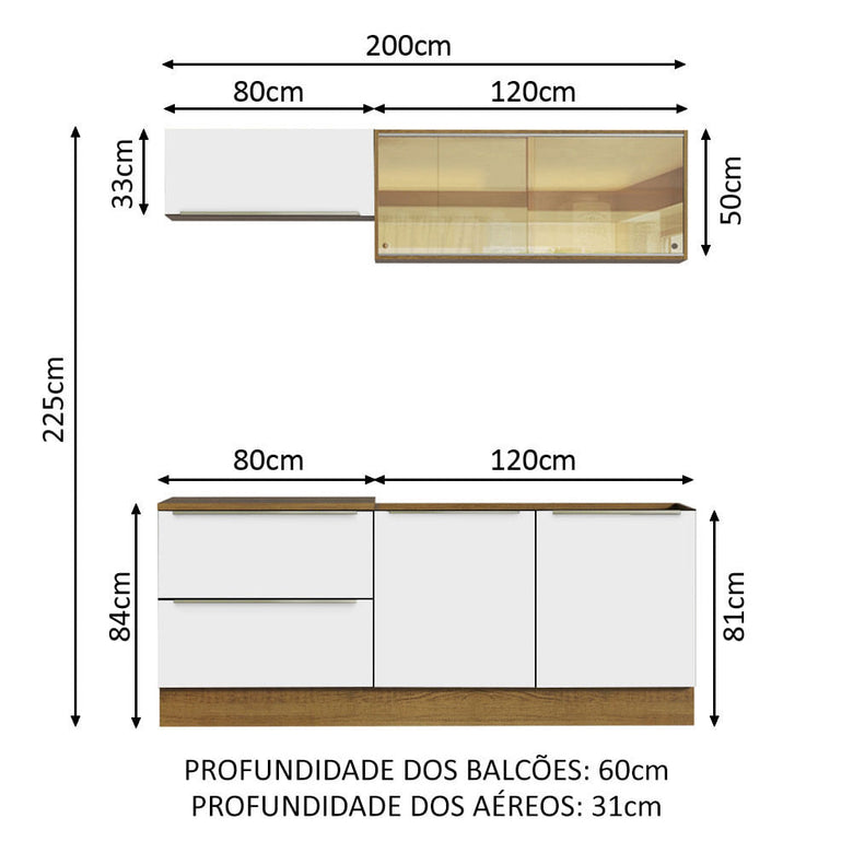 Armário de Cozinha Compacta 200cm Rustic Branco Veludo Lux Madesa 01