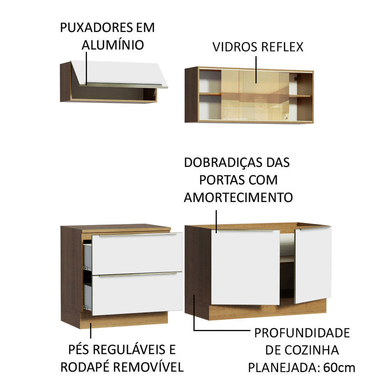 Armário de Cozinha Compacta 200cm Rustic Branco Veludo Lux Madesa 01