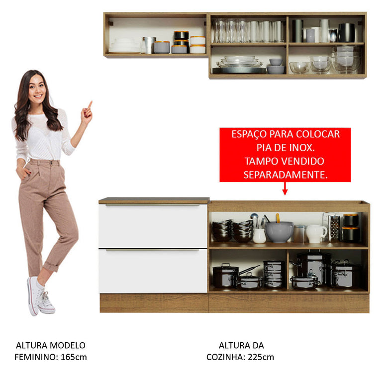 Armário de Cozinha Compacta 200cm Rustic Branco Veludo Lux Madesa 01