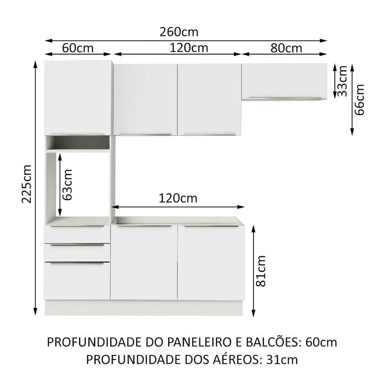 Armário de Cozinha Completa 260cm Branco Branco Veludo Lux Madesa 03