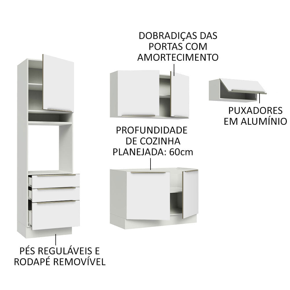 Armário de Cozinha Completa 260cm Branco Branco Veludo Lux Madesa 03