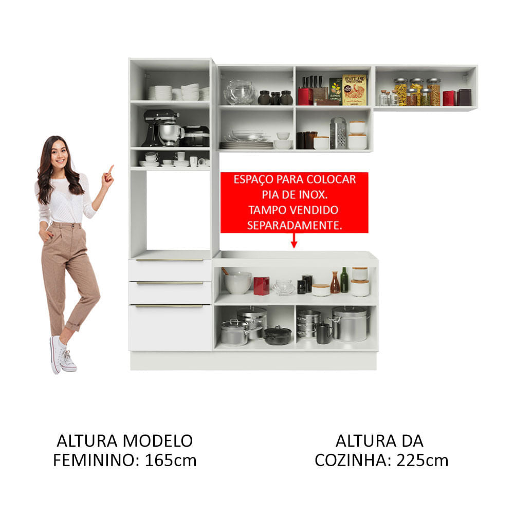 Armário de Cozinha Completa 260cm Branco Branco Veludo Lux Madesa 03