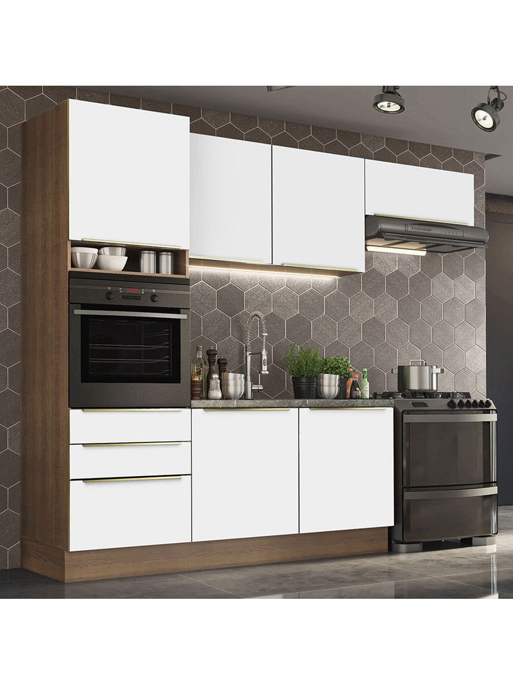 Armário de Cozinha Completa 260cm Rustic/Branco Veludo Lux Madesa 03 - Rustic/Branco Veludo