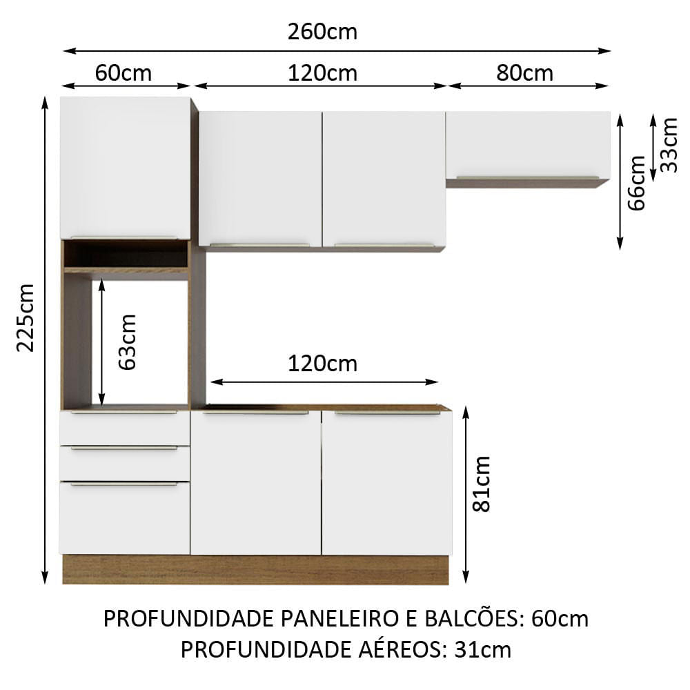 Armário de Cozinha Completa 260cm Rustic/Branco Veludo Lux Madesa 03
