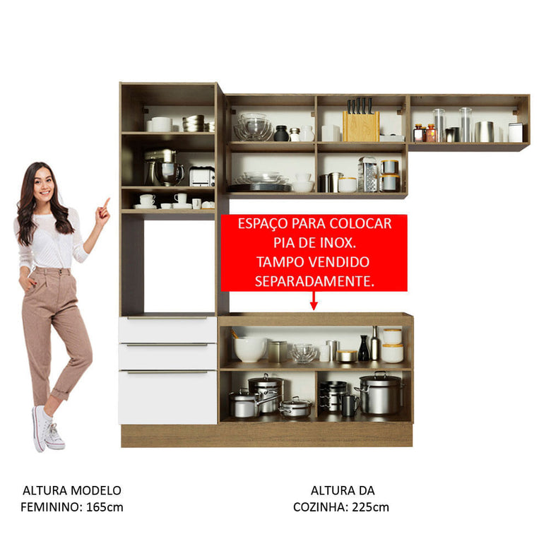 Armário de Cozinha Completa 260cm Rustic/Branco Veludo Lux Madesa 03