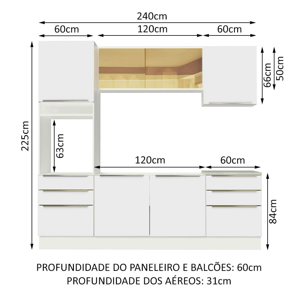 Armário de Cozinha Completa 240cm Branco Branco Veludo Lux Madesa 02