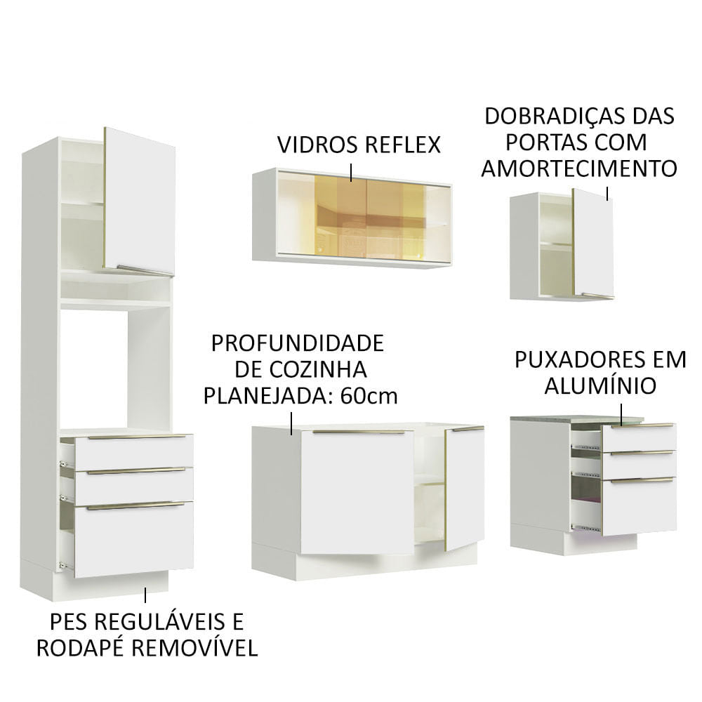 Armário de Cozinha Completa 240cm Branco Branco Veludo Lux Madesa 02