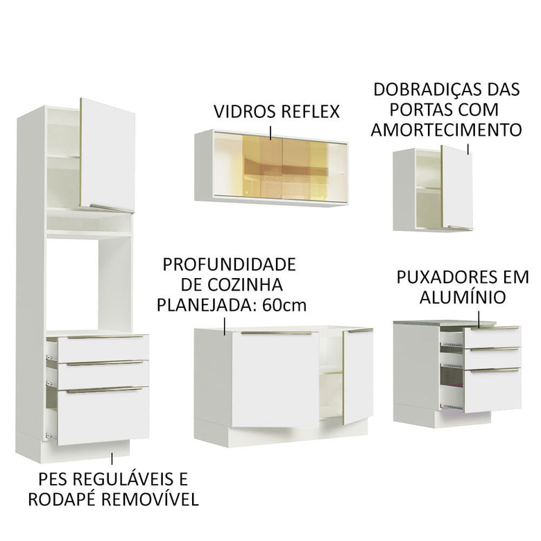 Armário de Cozinha Completa 240cm Branco Branco Veludo Lux Madesa 02
