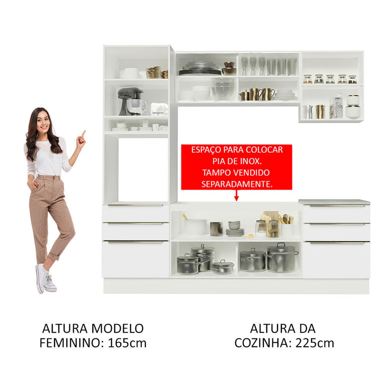 Armário de Cozinha Completa 240cm Branco Branco Veludo Lux Madesa 02