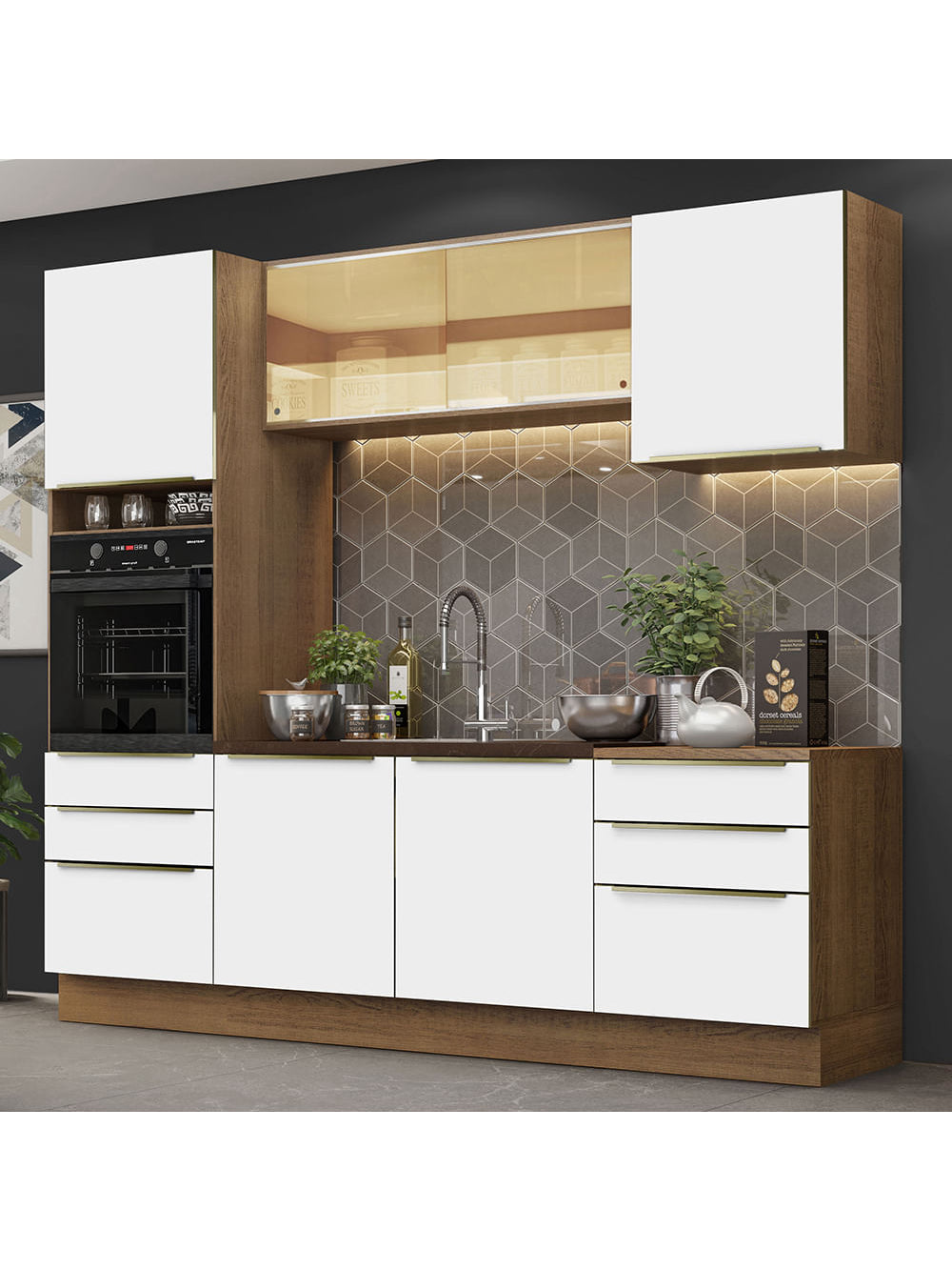 Armário de Cozinha Completa 240cm Rustic Branco Veludo Lux Madesa 02 - Rustic/Branco Veludo