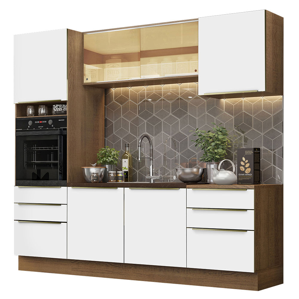 Armário de Cozinha Completa 240cm Rustic Branco Veludo Lux Madesa 02 - Rustic/Branco Veludo