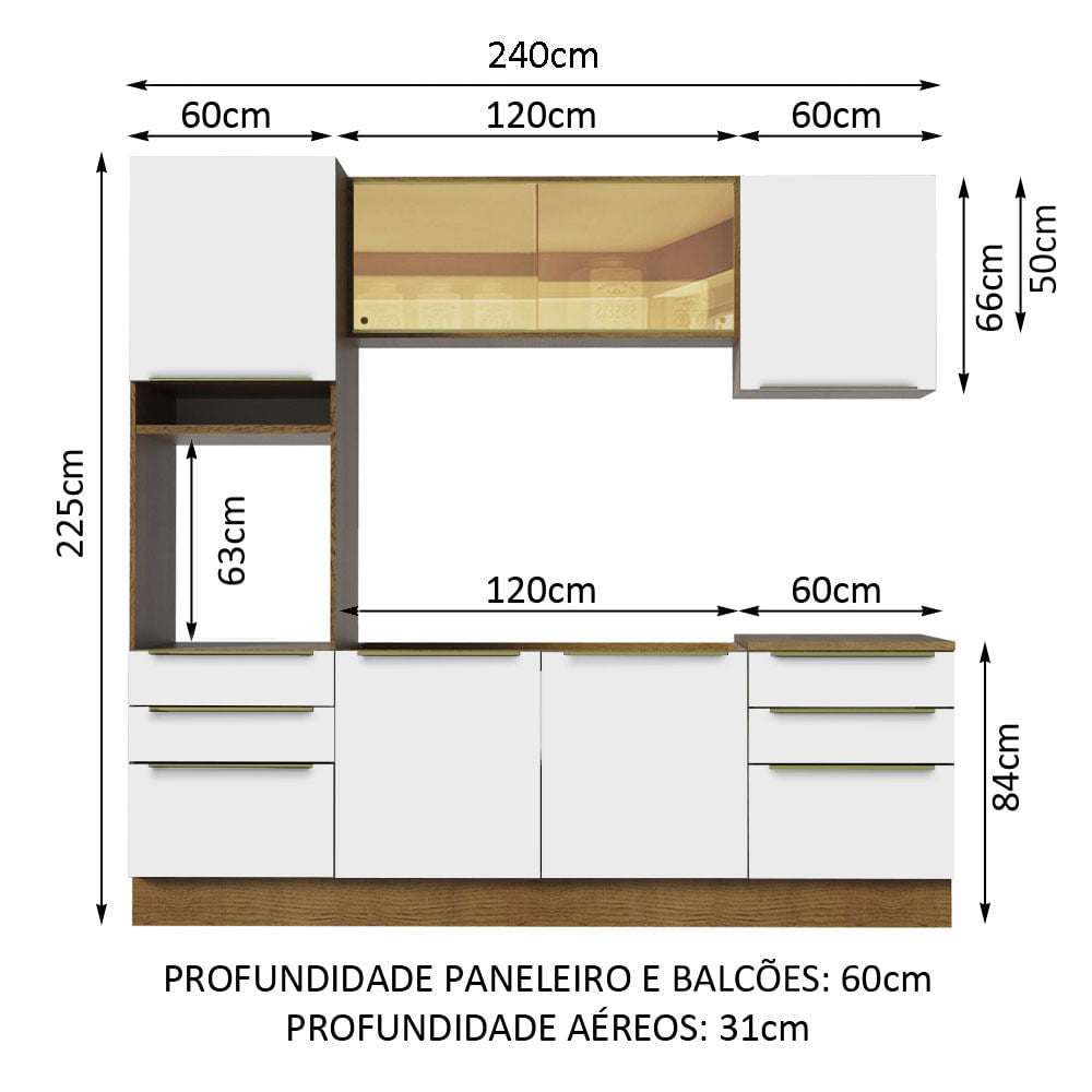 Armário de Cozinha Completa 240cm Rustic Branco Veludo Lux Madesa 02