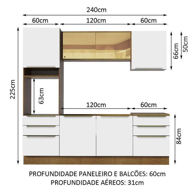 Armário de Cozinha Completa 240cm Rustic Branco Veludo Lux Madesa 02