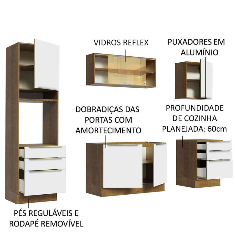 Armário de Cozinha Completa 240cm Rustic Branco Veludo Lux Madesa 02