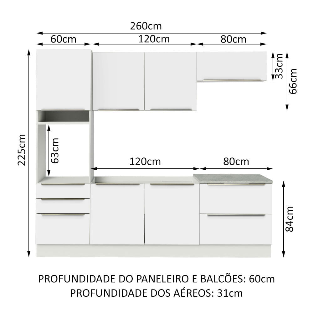 Armário de Cozinha Completa 260cm Branco Branco Veludo Lux Madesa 01