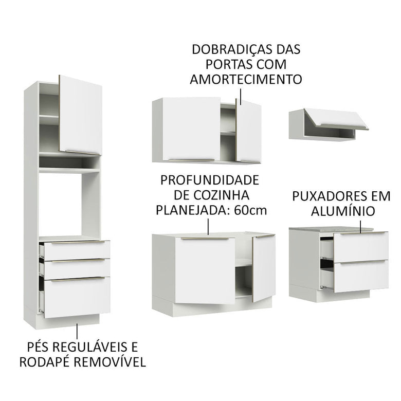Armário de Cozinha Completa 260cm Branco Branco Veludo Lux Madesa 01