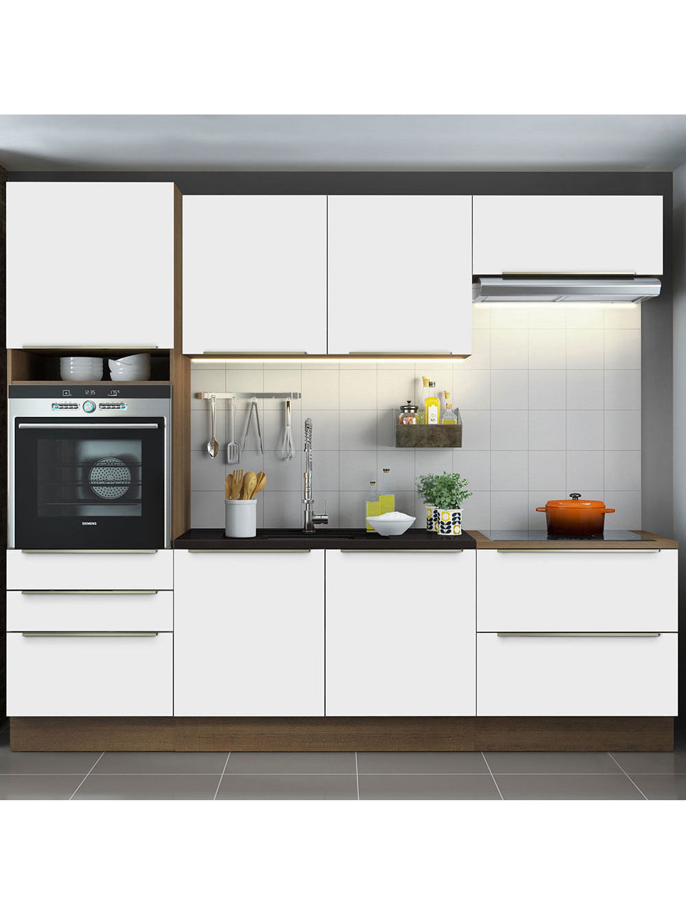 Armário de Cozinha Completa 260cm Rustic Branco Veludo Lux Madesa 01 - Rustic/Branco Veludo