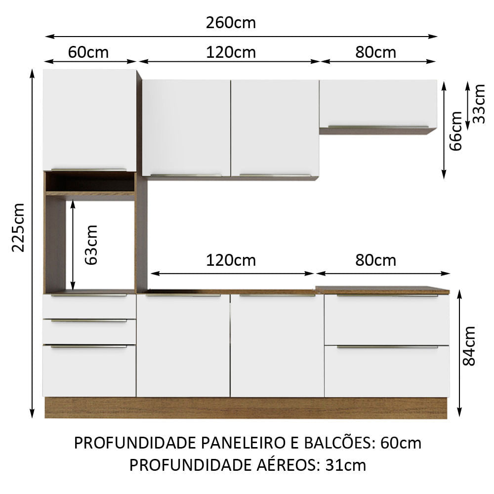 Armário de Cozinha Completa 260cm Rustic Branco Veludo Lux Madesa 01