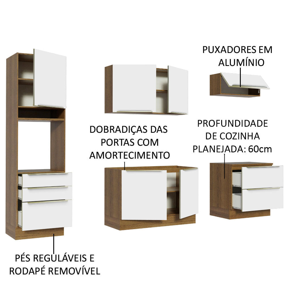 Armário de Cozinha Completa 260cm Rustic Branco Veludo Lux Madesa 01