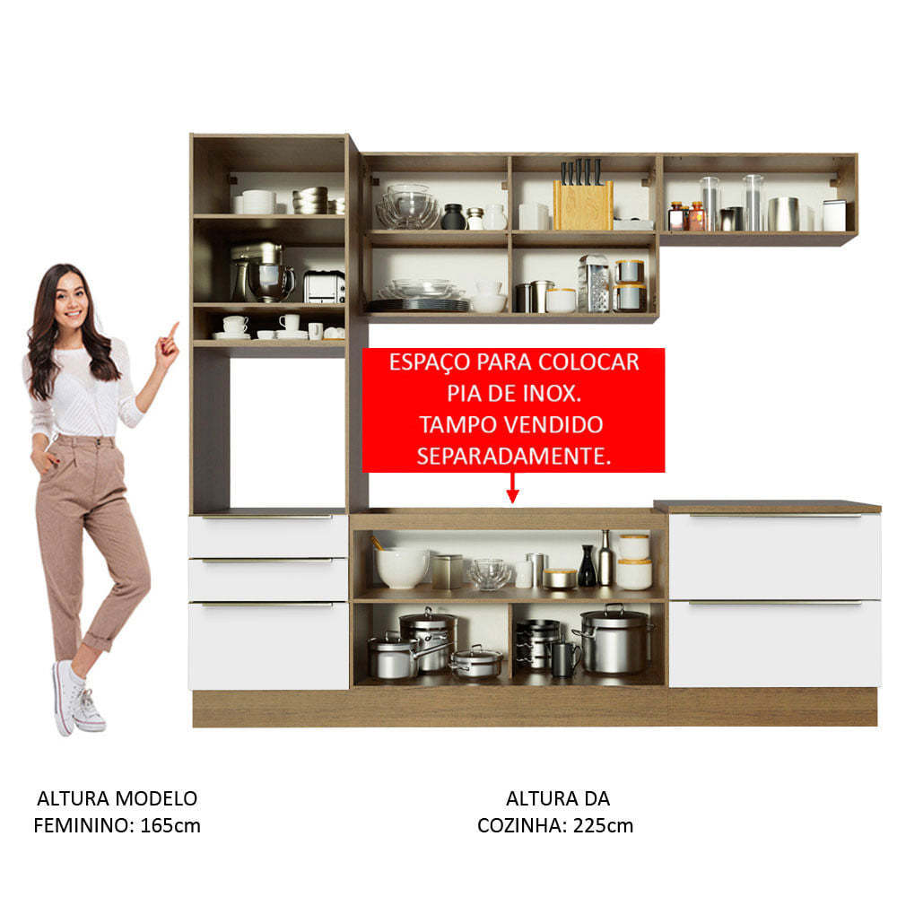 Armário de Cozinha Completa 260cm Rustic Branco Veludo Lux Madesa 01