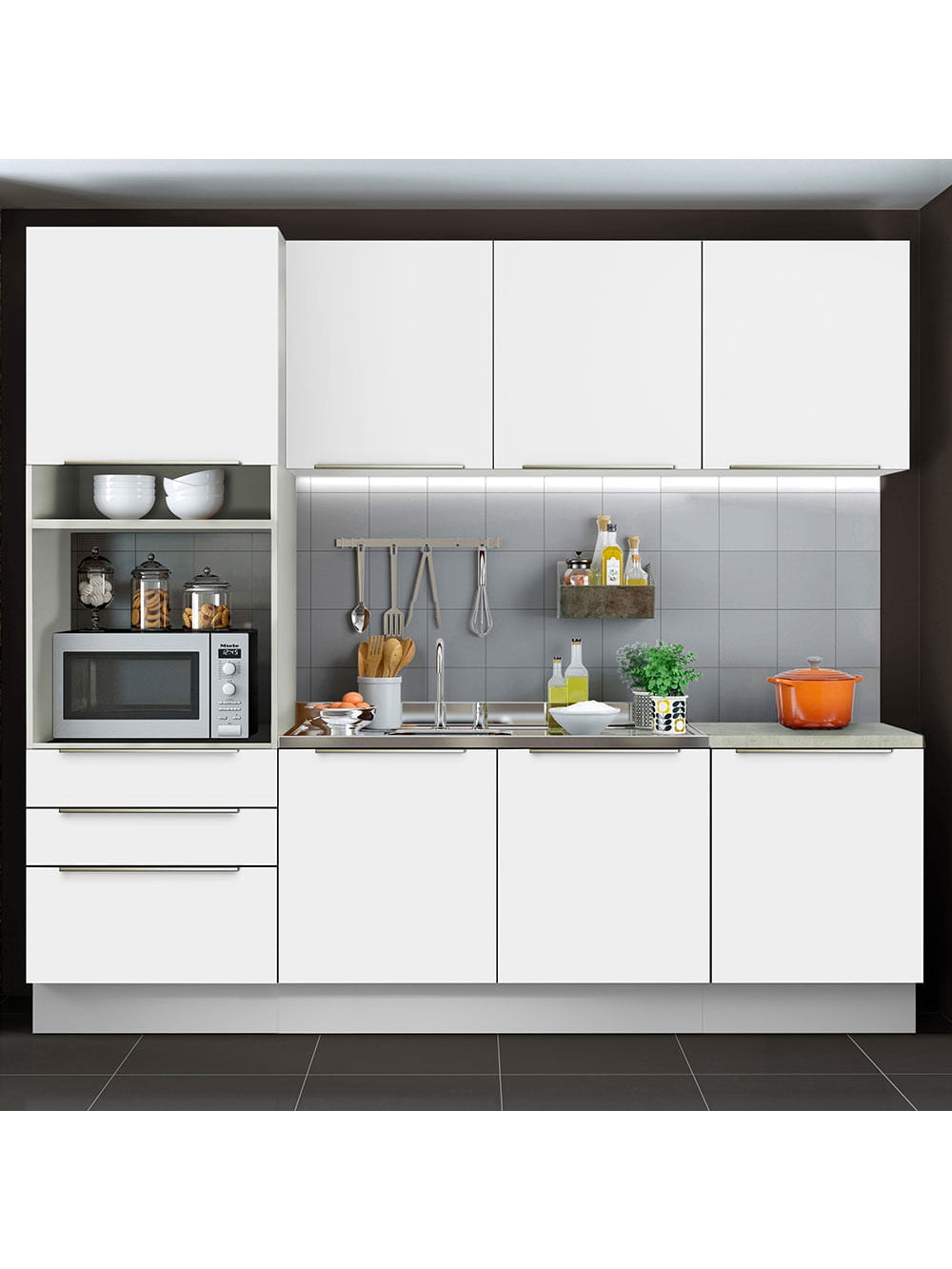Armário de Cozinha Completa 240cm Branco Branco Veludo Lux Madesa 03 - Branco/Branco Veludo