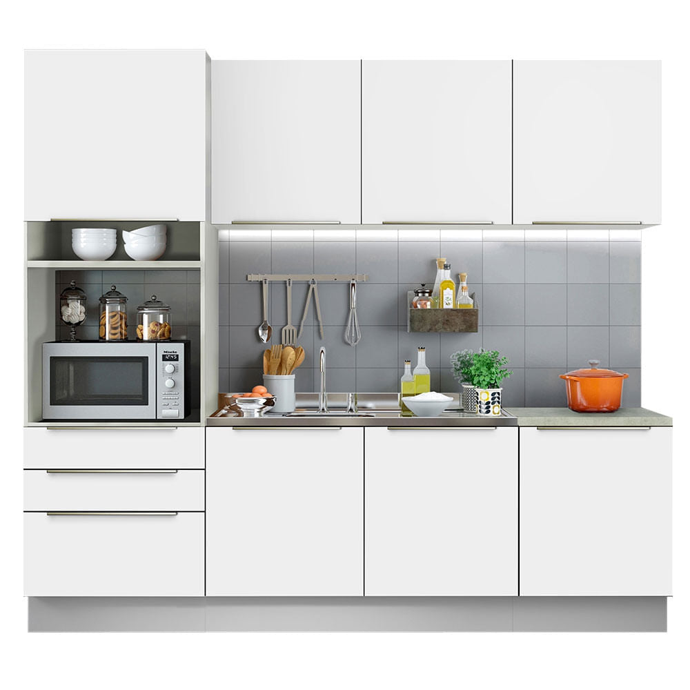 Armário de Cozinha Completa 240cm Branco Branco Veludo Lux Madesa 03 - Branco/Branco Veludo