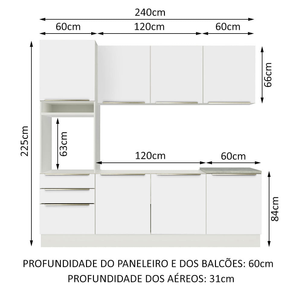 Armário de Cozinha Completa 240cm Branco Branco Veludo Lux Madesa 03