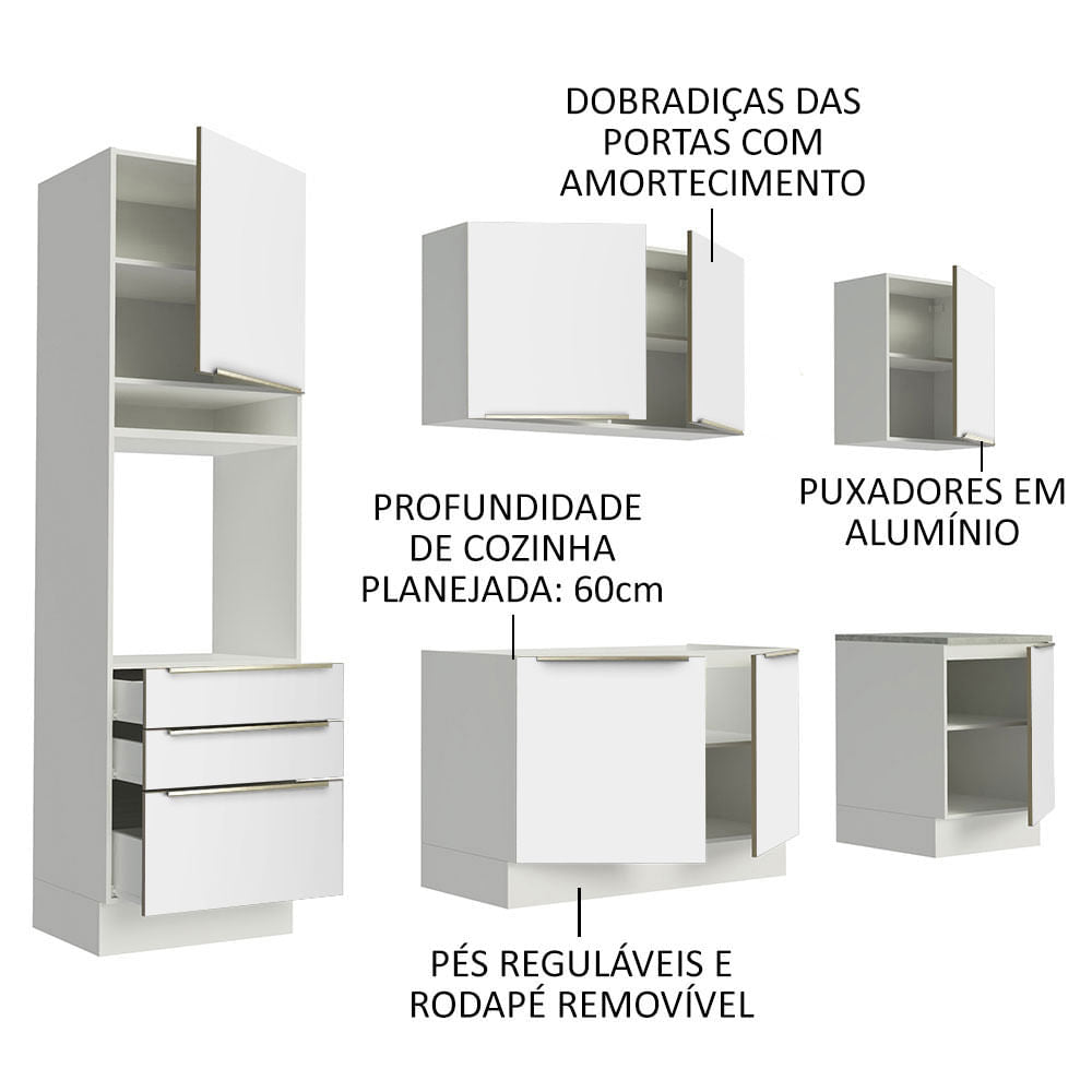 Armário de Cozinha Completa 240cm Branco Branco Veludo Lux Madesa 03