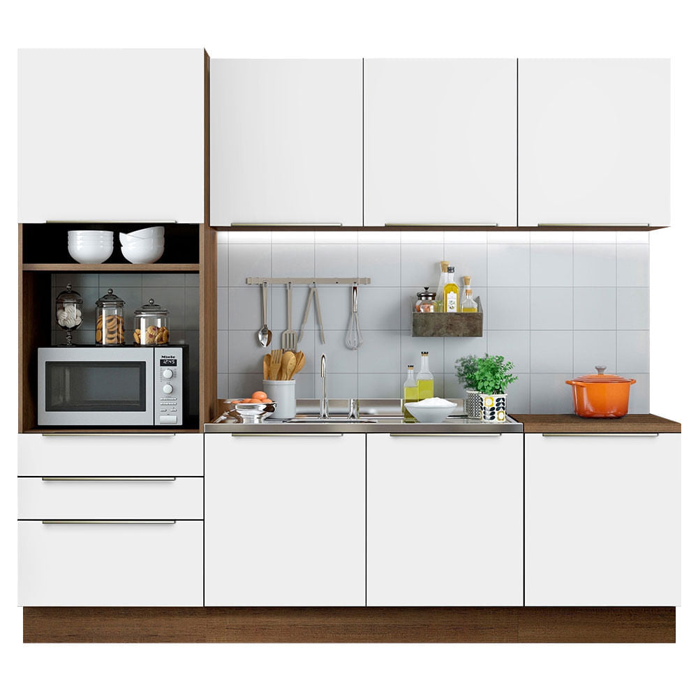 Armário de Cozinha Completa 240cm Rustic Branco Veludo Lux Madesa 03 - Rustic/Branco Veludo