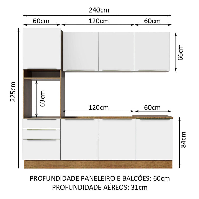 Armário de Cozinha Completa 240cm Rustic Branco Veludo Lux Madesa 03