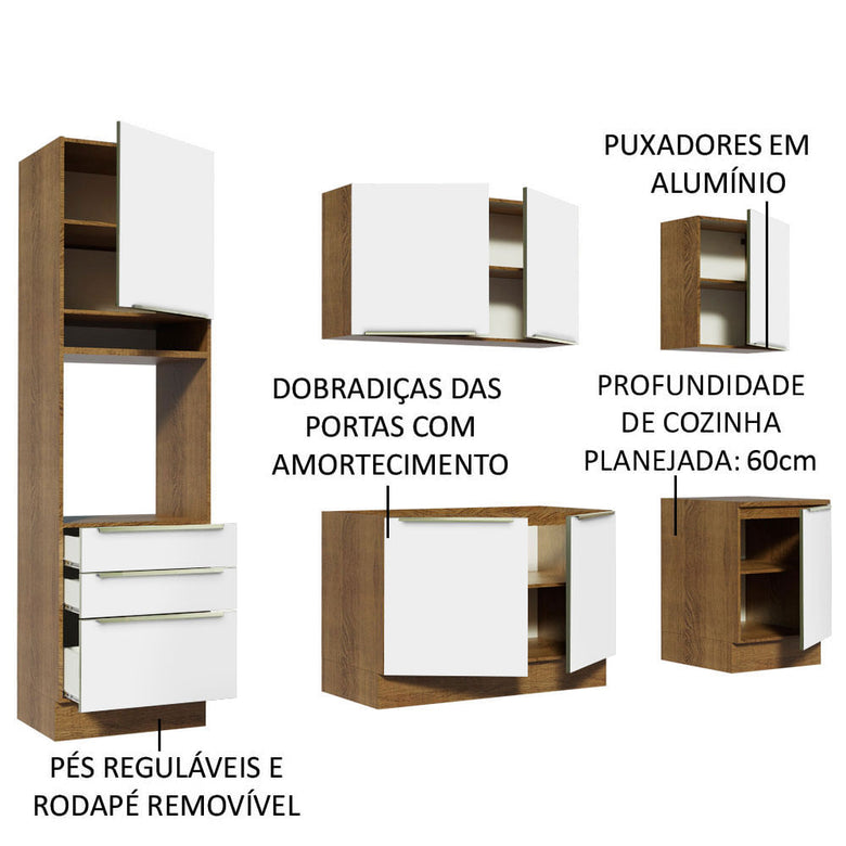 Armário de Cozinha Completa 240cm Rustic Branco Veludo Lux Madesa 03
