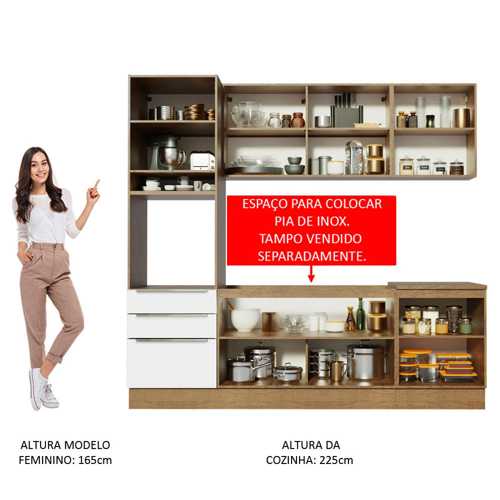 Armário de Cozinha Completa 240cm Rustic Branco Veludo Lux Madesa 03