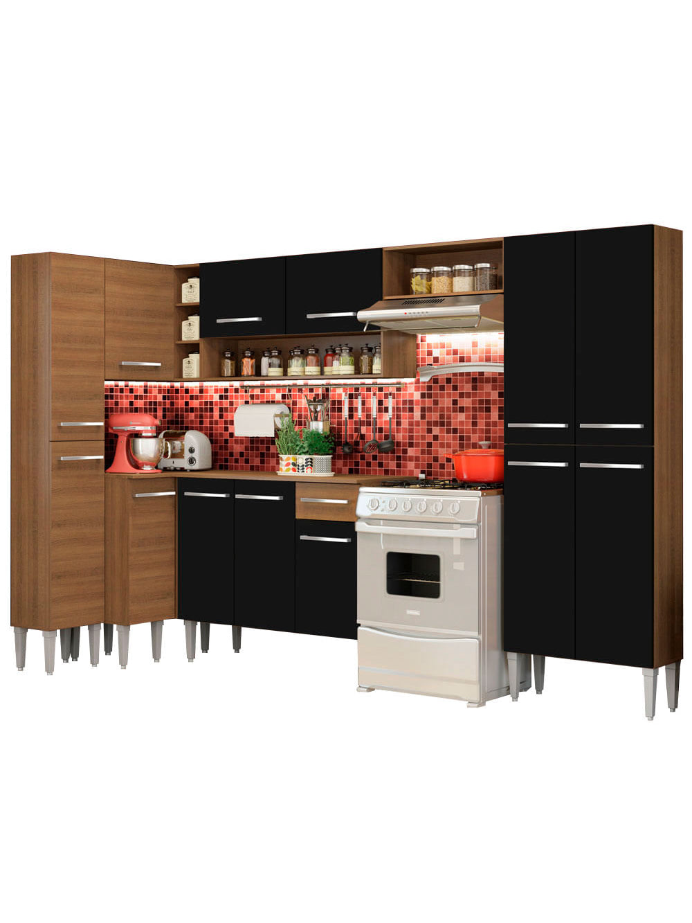 Armário de Cozinha Completa 385cm Rustic/Preto Emilly Love Madesa 01 - Rustic/Preto