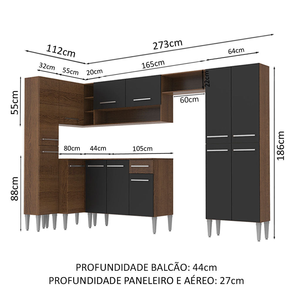 Armário de Cozinha Completa 385cm Rustic/Preto Emilly Love Madesa 01
