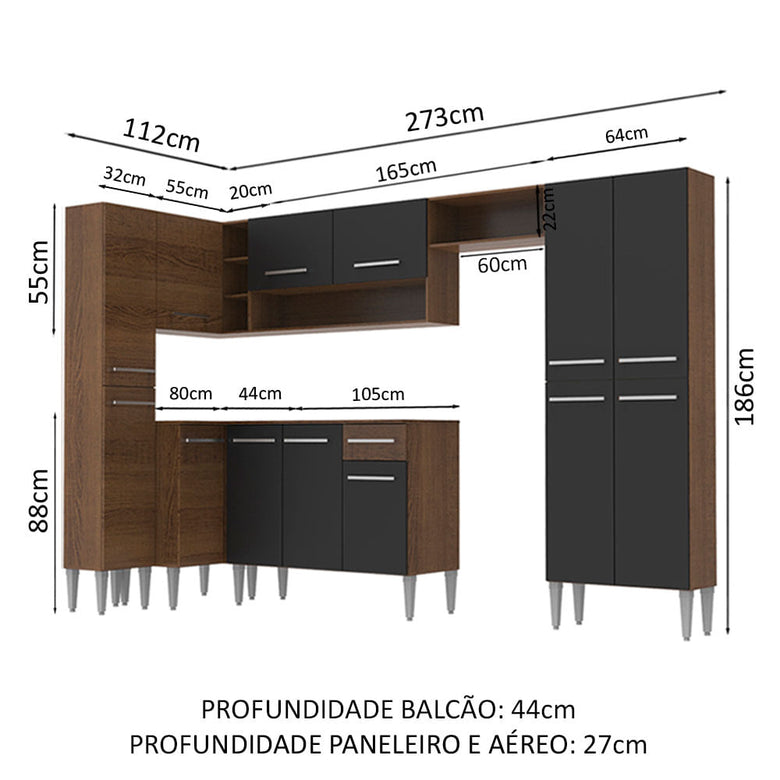 Armário de Cozinha Completa 385cm Rustic/Preto Emilly Love Madesa 01