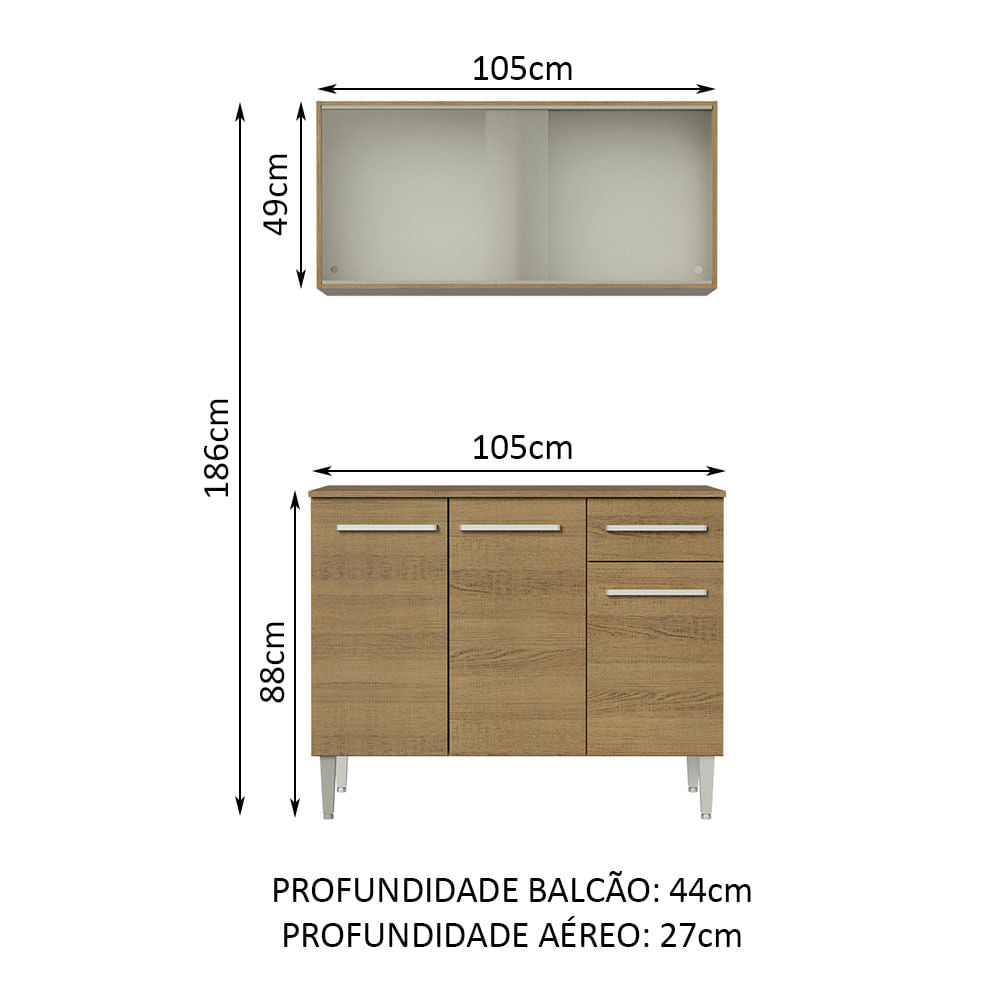 Armário de Cozinha Compacta Emilly 105cm com Armário e Balcão Rustic Emilly Madesa 01