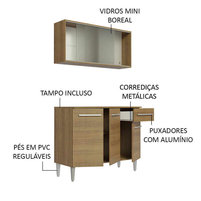Armário de Cozinha Compacta Emilly 105cm com Armário e Balcão Rustic Emilly Madesa 01