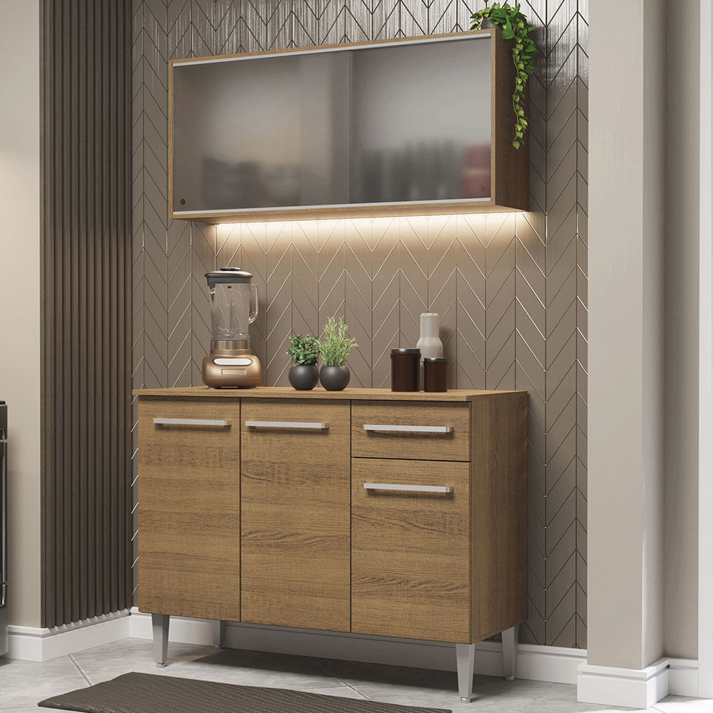 Armário de Cozinha Compacta Emilly 105cm com Armário e Balcão Rustic Emilly Madesa 01 - Rustic