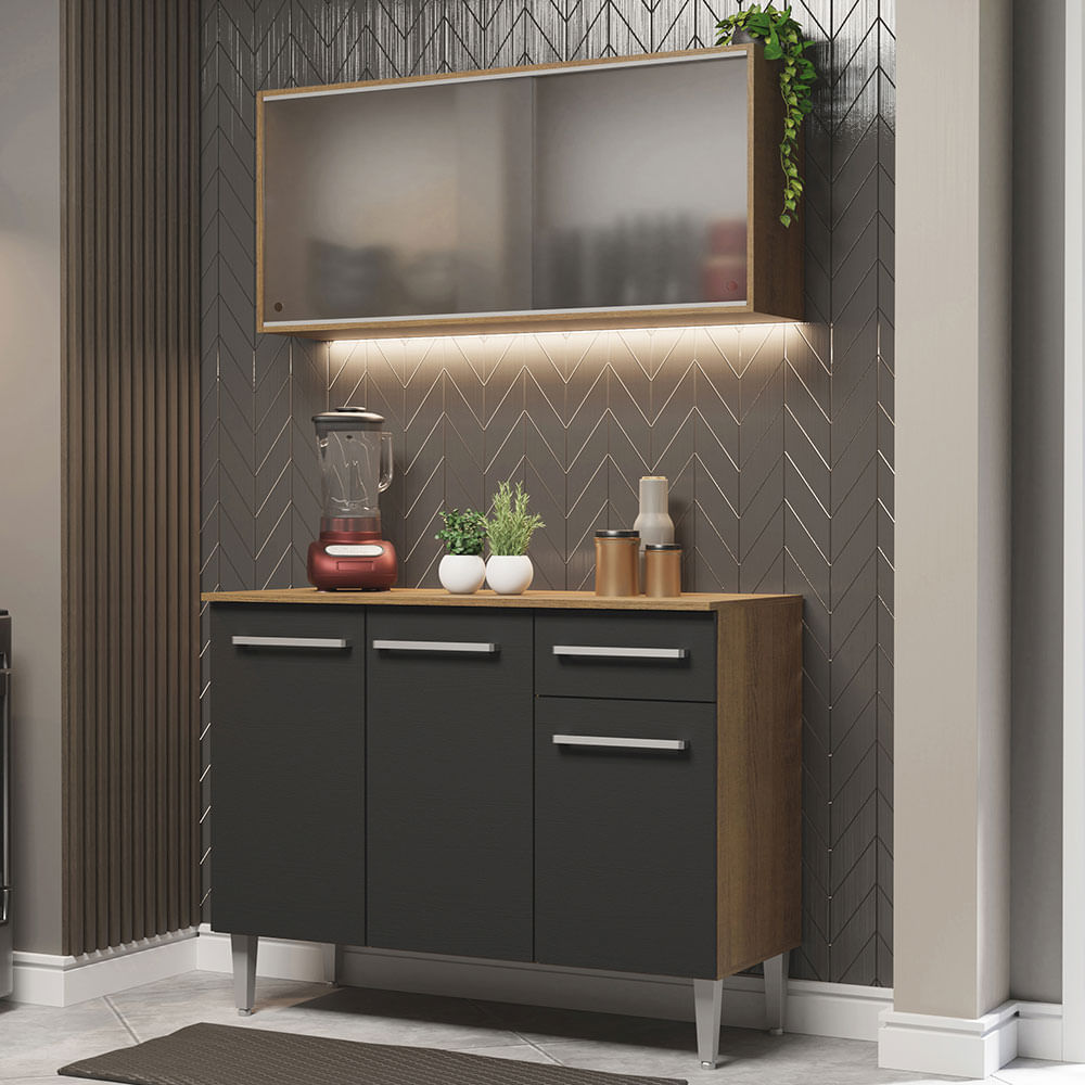 Armário de Cozinha Compacta Emilly 105cm com Armário e Balcão Rustic/Preto Emilly Madesa 01 - Rustic/Preto