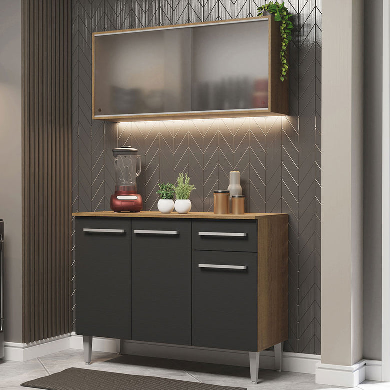 Armário de Cozinha Compacta Emilly 105cm com Armário e Balcão Rustic/Preto Emilly Madesa 01