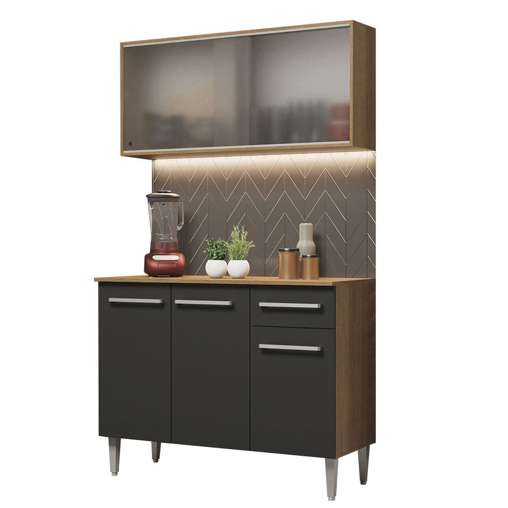 Armário de Cozinha Compacta Emilly 105cm com Armário e Balcão Rustic/Preto Emilly Madesa 01 - Rustic/Preto