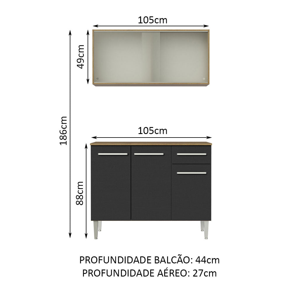 Armário de Cozinha Compacta Emilly 105cm com Armário e Balcão Rustic/Preto Emilly Madesa 01