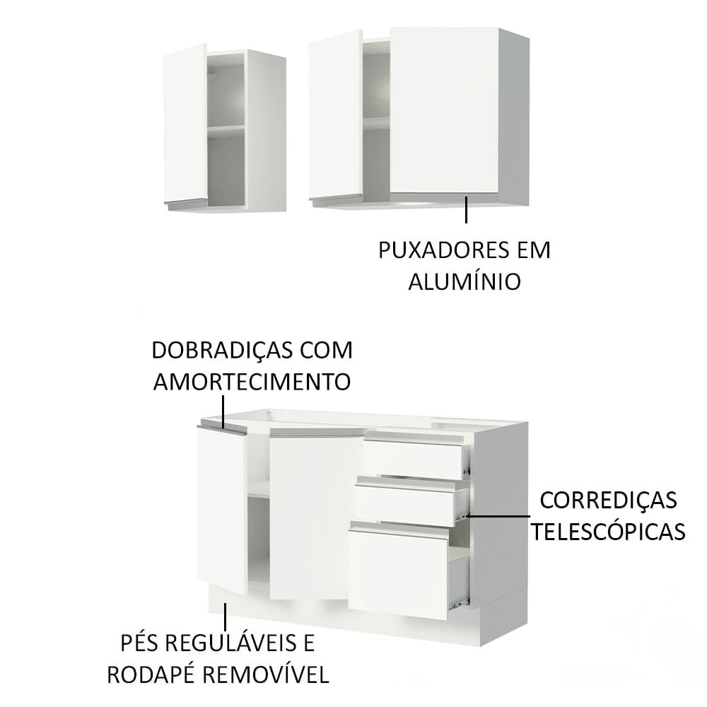 Armário de Cozinha Compacta 120cm Branco Glamy Madesa 01