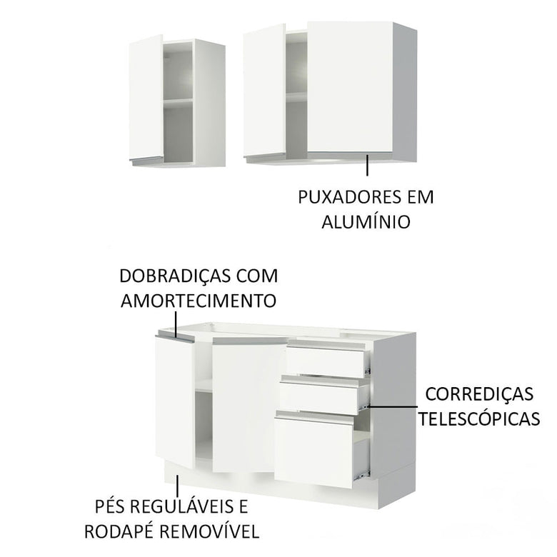 Armário de Cozinha Compacta 120cm Branco Glamy Madesa 01