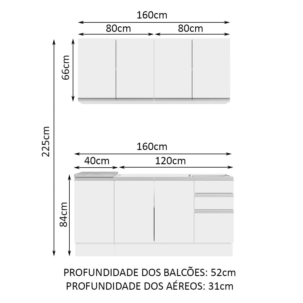 Armário de Cozinha Compacta 160cm Branco Glamy Madesa 01