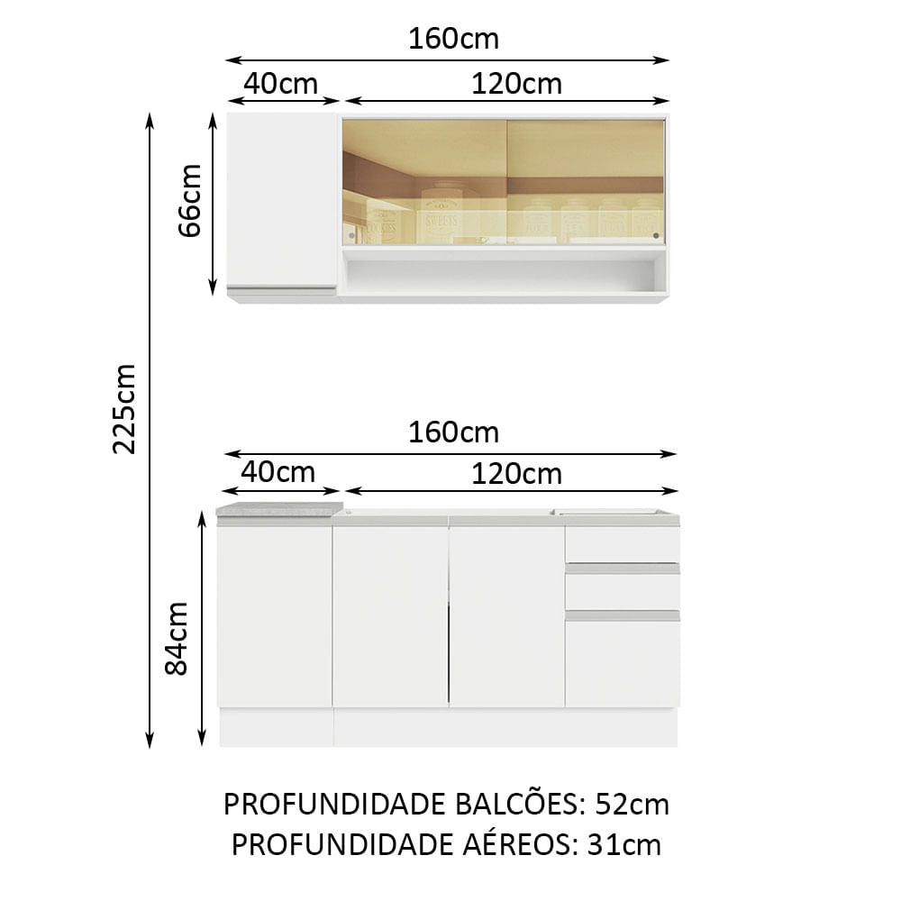 Armário de Cozinha Compacta 160cm Branco Glamy Madesa 02