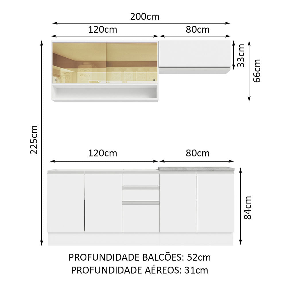Armário de Cozinha Compacta 200cm Branco Glamy Madesa 03