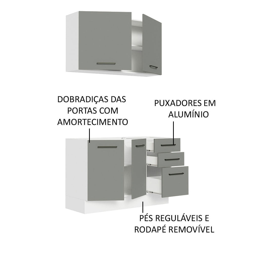 Armário de Cozinha Compacta 120cm Branco/Cinza Agata Madesa 01